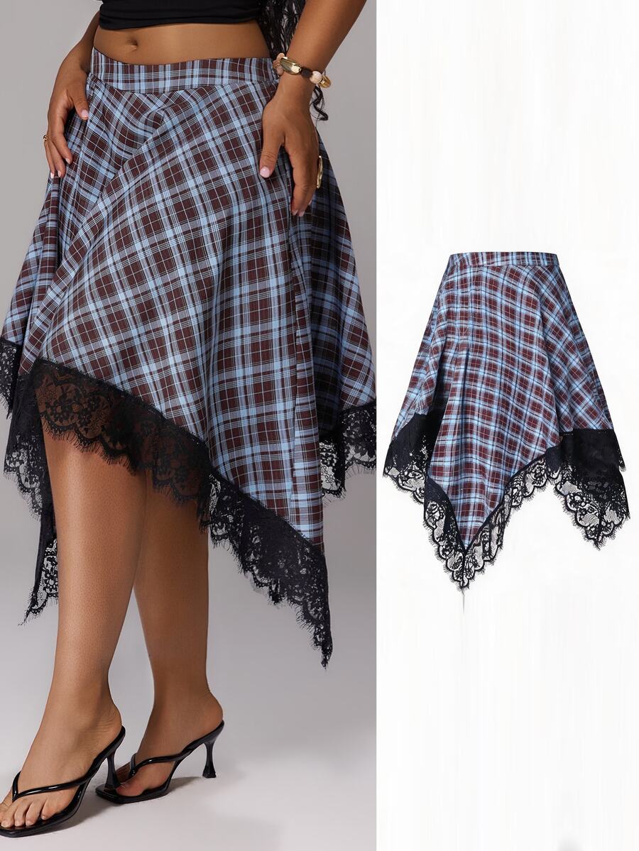 Rustia Rok Midi Elegan Motif Kotak-kotak Ukuran Besar dengan Hiasan Renda Kontras untuk Musim Gugur - MultiWarna - View 1