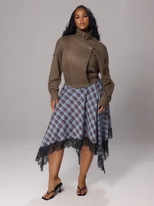 Rustia Rok Midi Elegan Motif Kotak-kotak Ukuran Besar dengan Hiasan Renda Kontras untuk Musim Gugur - MultiWarna - View 7