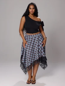 Rustia Rok Midi Elegan Motif Kotak-kotak Ukuran Besar dengan Hiasan Renda Kontras untuk Musim Gugur - MultiWarna - View 6