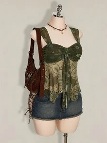 SHEIN ICON 女士夏季休闲度假佩斯利印花钥匙孔领扭结露背吊带背心 - 軍綠色 - 查看 7