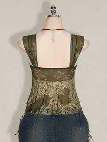 SHEIN ICON 女士夏季休闲度假佩斯利印花钥匙孔领扭结露背吊带背心 - 軍綠色 - 查看 2