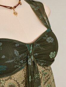 SHEIN ICON 女士夏季休闲度假佩斯利印花钥匙孔领扭结露背吊带背心 - 軍綠色 - 查看 8