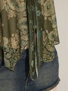 SHEIN ICON 女士夏季休闲度假佩斯利印花钥匙孔领扭结露背吊带背心 - 軍綠色 - 查看 9