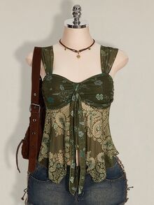 SHEIN ICON 女士夏季休闲度假佩斯利印花钥匙孔领扭结露背吊带背心 - 軍綠色 - 查看 3