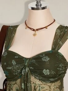 SHEIN ICON 女士夏季休闲度假佩斯利印花钥匙孔领扭结露背吊带背心 - 軍綠色 - 查看 6