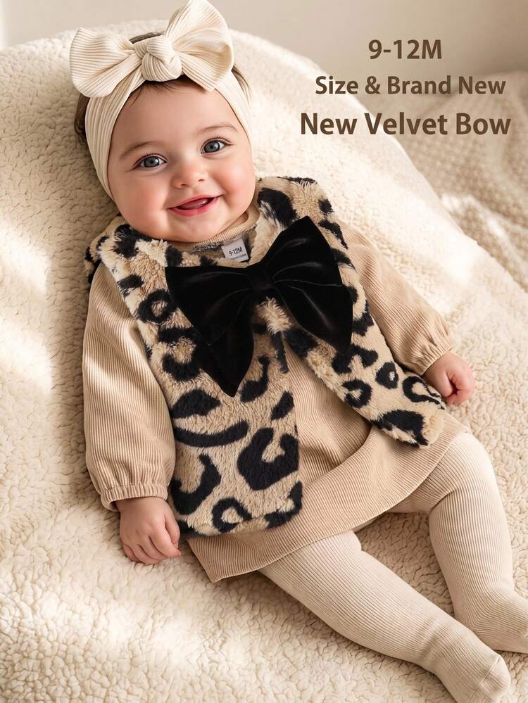 SHEIN Baby Girls Fuzzy Vest Cute Elegant Tan Black Leopard Print Big Velvet Bow Knot Sleeveless Round Neck Thick Party Winter Fall Christmas Autumn - Multicolor - View 1