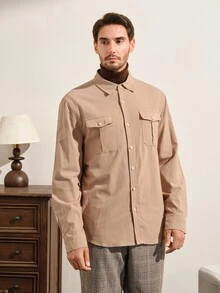 VeloEdit Men's Solid Color Long Sleeve Single-Breasted Work Shirt - Khaki - View 5