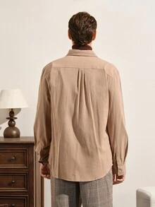 VeloEdit Men's Solid Color Long Sleeve Single-Breasted Work Shirt - Khaki - View 3