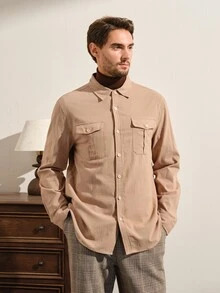VeloEdit Men's Solid Color Long Sleeve Single-Breasted Work Shirt - Khaki - View 4