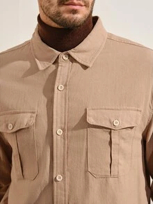 VeloEdit Men's Solid Color Long Sleeve Single-Breasted Work Shirt - Khaki - View 7