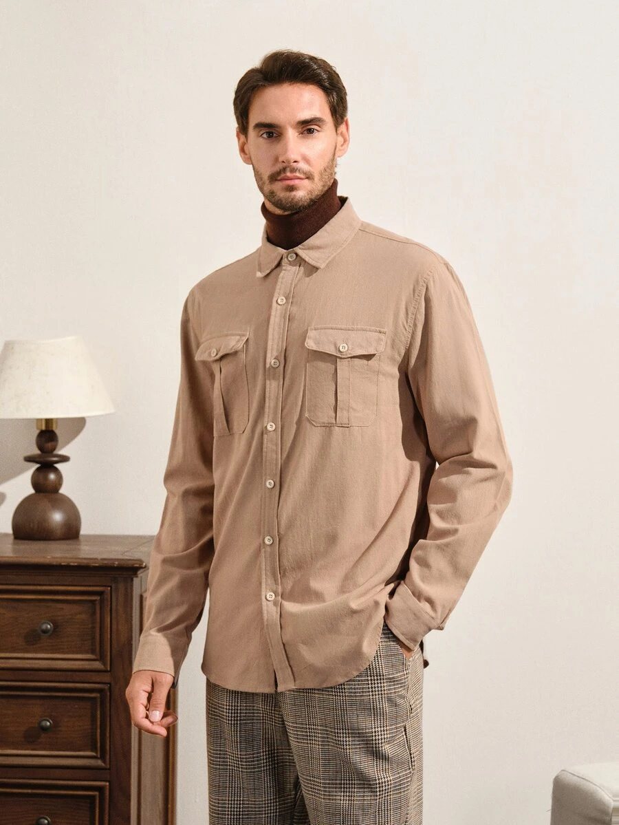 VeloEdit Men's Solid Color Long Sleeve Single-Breasted Work Shirt - Khaki - View 1