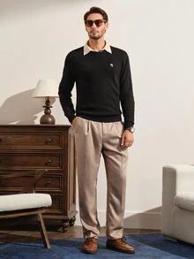 VeloEdit Sweater Lengan Panjang Kasual Pria Motif Ksatria untuk Sehari-hari - Hitam - View 2