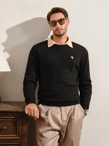VeloEdit Sweater Lengan Panjang Kasual Pria Motif Ksatria untuk Sehari-hari - Hitam - View 1