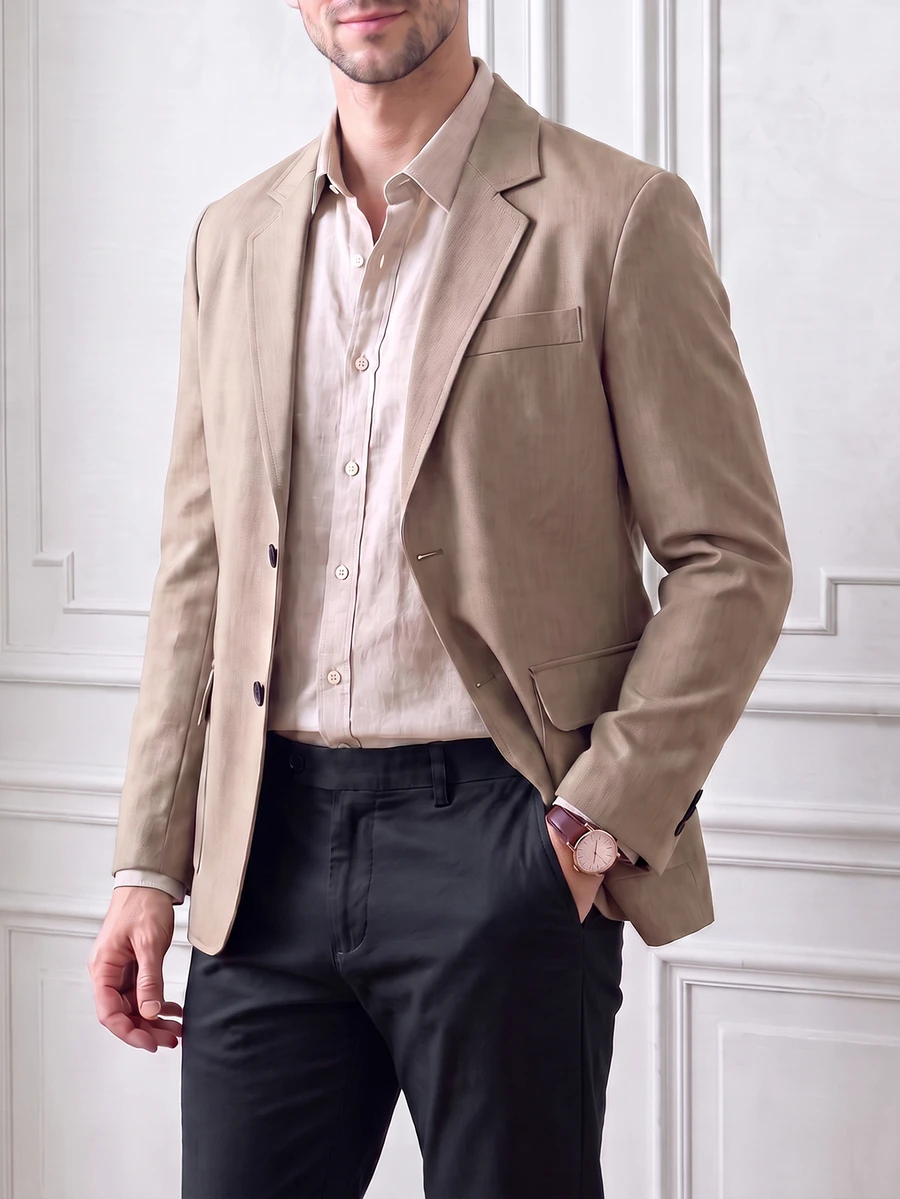 Core Aspect Men's Old Money Style Solid Color Button Long Sleeve Blazer For Business Office, Formal - Khaki - View 1