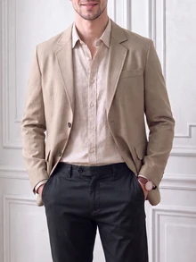 Core Aspect Men's Old Money Style Solid Color Button Long Sleeve Blazer For Business Office, Formal - Khaki - View 5