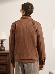 VeloEdit Men's Long-Sleeve Windproof Casual Stand-Collar PU Leather Jacket, Autumn And Winter, Grunge Style - Brown - View 3