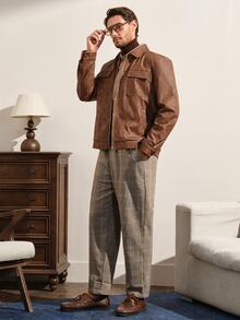 VeloEdit Men's Long-Sleeve Windproof Casual Stand-Collar PU Leather Jacket, Autumn And Winter, Grunge Style - Brown - View 2