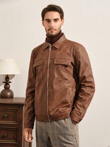 VeloEdit Men's Long-Sleeve Windproof Casual Stand-Collar PU Leather Jacket, Autumn And Winter, Grunge Style - Brown - View 4