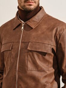 VeloEdit Men's Long-Sleeve Windproof Casual Stand-Collar PU Leather Jacket, Autumn And Winter, Grunge Style - Brown - View 6