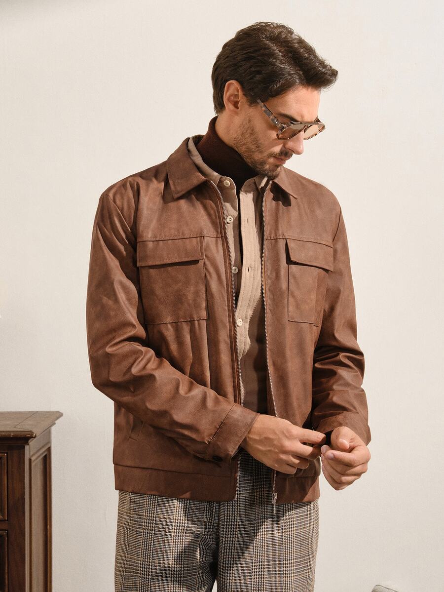 VeloEdit Men's Long-Sleeve Windproof Casual Stand-Collar PU Leather Jacket, Autumn And Winter, Grunge Style - Brown - View 1