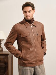 VeloEdit Men's Long-Sleeve Windproof Casual Stand-Collar PU Leather Jacket, Autumn And Winter, Grunge Style - Brown - View 5
