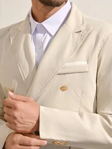 VeloEdit 男士優雅淺米色雙排扣缺口領斜紋編織西裝套裝，夏季婚禮西裝，老錢風復古風格，正式生日派對禮服婚禮 - 米色 - 查看 6