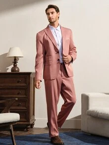 VeloEdit Men's Solid Color Long Sleeve Lapel NeckBlazer And Pants Business Suit Wedding - Dusty Pink - View 3