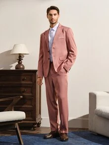 VeloEdit Men's Solid Color Long Sleeve Lapel NeckBlazer And Pants Business Suit Wedding - Dusty Pink - View 4