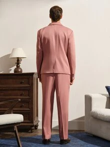 VeloEdit Men's Solid Color Long Sleeve Lapel NeckBlazer And Pants Business Suit Wedding - Dusty Pink - View 2