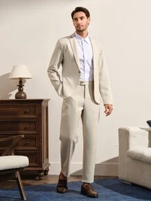 VeloEdit Men's Solid Color Casual Business Suit Set, Suitable For Daily Commute Wear, Also An Ideal Gift For Boyfriend Or Husband, Ceremony, Formal Wedding - Apricot - View 4