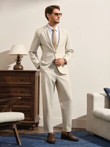VeloEdit Men's Solid Color Casual Business Suit Set, Suitable For Daily Commute Wear, Also An Ideal Gift For Boyfriend Or Husband, Ceremony, Formal Wedding - Apricot - View 1