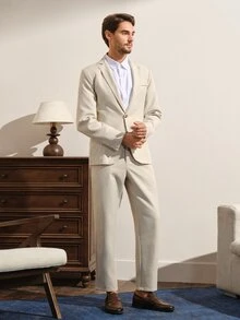 VeloEdit Men's Solid Color Casual Business Suit Set, Suitable For Daily Commute Wear, Also An Ideal Gift For Boyfriend Or Husband, Ceremony, Formal Wedding - Apricot - View 6