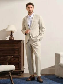 VeloEdit Men's Solid Color Casual Business Suit Set, Suitable For Daily Commute Wear, Also An Ideal Gift For Boyfriend Or Husband, Ceremony, Formal Wedding - Apricot - View 3