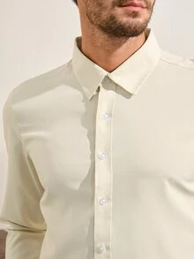 VeloEdit 男士杏色聚酯纖維長袖襯衫，奶油白，秋季，休閒，辦公商務正式版型半透明上衣，附口袋細節，儀式穿搭 - 杏色 - 查看 7