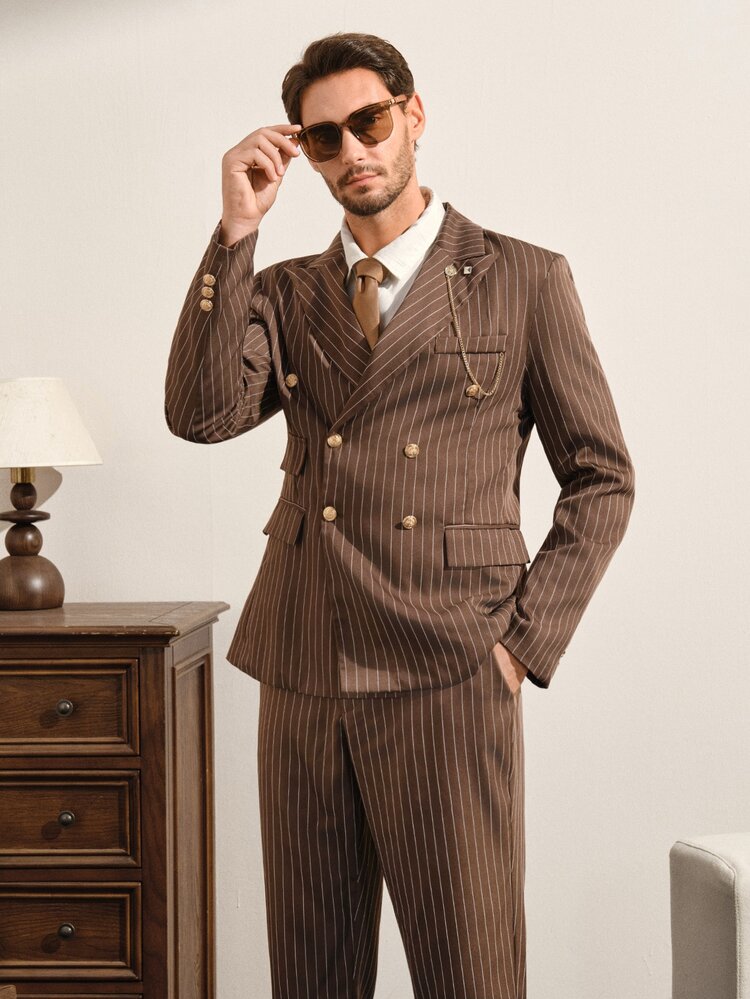 VeloEdit Men's Double-Breasted Pinstripe Suit Set,Brown Striped,Summer,Classy,Wedding Formal Ceremony Suit With Lapel Collar,Long Sleeve Men Brown Suit Wedding - Coffee Brown - View 5