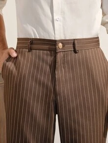 VeloEdit 男士雙排扣細條紋西裝套裝，棕色條紋，夏季，優雅，婚禮正式儀式西裝，翻領長袖男士棕色婚禮西裝 - 咖啡棕 - 查看 8