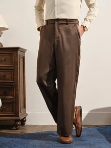 VeloEdit Men's Solid Color Pocket Casual Business Casual Versatile Daily Travel Suit Pants Office Dark Brown Autumn - Coffee Brown - View 5