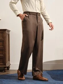 VeloEdit Men's Solid Color Pocket Casual Business Casual Versatile Daily Travel Suit Pants Office Dark Brown Autumn - Coffee Brown - View 4