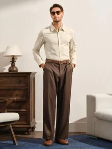 VeloEdit Men's Solid Color Pocket Casual Business Casual Versatile Daily Travel Suit Pants Office Dark Brown Autumn - Coffee Brown - View 2