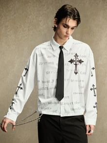 ROMWE MEN Street Life Men's Cross Pattern Casual Daily Wear Shirt - White - View 5