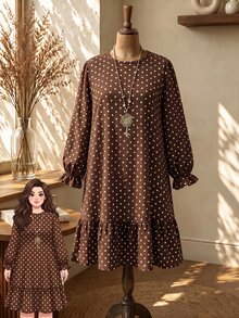 Rusticease 大尺碼女款棕色波點圓領無袖荷葉邊下擺A字擺中長洋裝休閒復古可愛生日約會秋季 - 棕色 - 查看 10