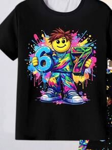 Tween Boys Glow-In-The-Dark Graphic Print Pajama Set, 2pcs - Snug Fit Shirt & Shorts, UV Activated - Black - View 7