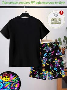 Tween Boys Glow-In-The-Dark Graphic Print Pajama Set, 2pcs - Snug Fit Shirt & Shorts, UV Activated - Black - View 2