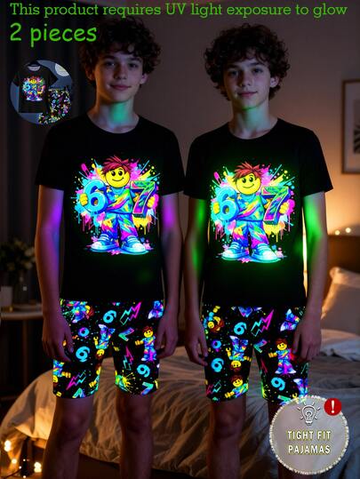 Tween Boys Glow-In-The-Dark Graphic Print Pajama Set, 2pcs - Snug Fit Shirt & Shorts, UV Activated