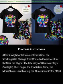 Tween Boys Glow-In-The-Dark Graphic Print Pajama Set, 2pcs - Snug Fit Shirt & Shorts, UV Activated - Black - View 3