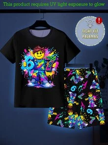 Tween Boys Glow-In-The-Dark Graphic Print Pajama Set, 2pcs - Snug Fit Shirt & Shorts, UV Activated - Black - View 4