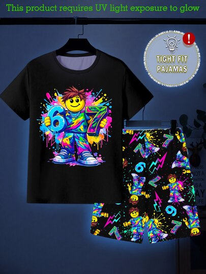 Set Piyama Anak Laki-Laki Remaja dengan Motif Grafis Bercahaya dalam Gelap, 2 Potong - Kemeja dan Celana Pendek Pas Badan, Aktifasi UV