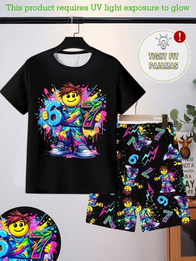 Set Piyama Anak Laki-Laki Remaja dengan Motif Grafis Bercahaya dalam Gelap, 2 Potong - Kemeja dan Celana Pendek Pas Badan, Aktifasi UV