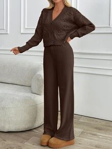 SHEIN طقم نسائي مقاس كبير من قطعتين بلون موحد، كارديجان بأكمام طويلة وبنطال، كاجوال وناعم ومريح للاستخدام اليومي، محبوك، مناسب للمناسبات الرسمية وسهرات المواعيد، بني، شتوي - شوكولاته بني - مشاهدة 10