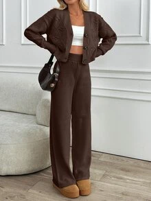 SHEIN طقم نسائي مقاس كبير من قطعتين بلون موحد، كارديجان بأكمام طويلة وبنطال، كاجوال وناعم ومريح للاستخدام اليومي، محبوك، مناسب للمناسبات الرسمية وسهرات المواعيد، بني، شتوي - شوكولاته بني - مشاهدة 4